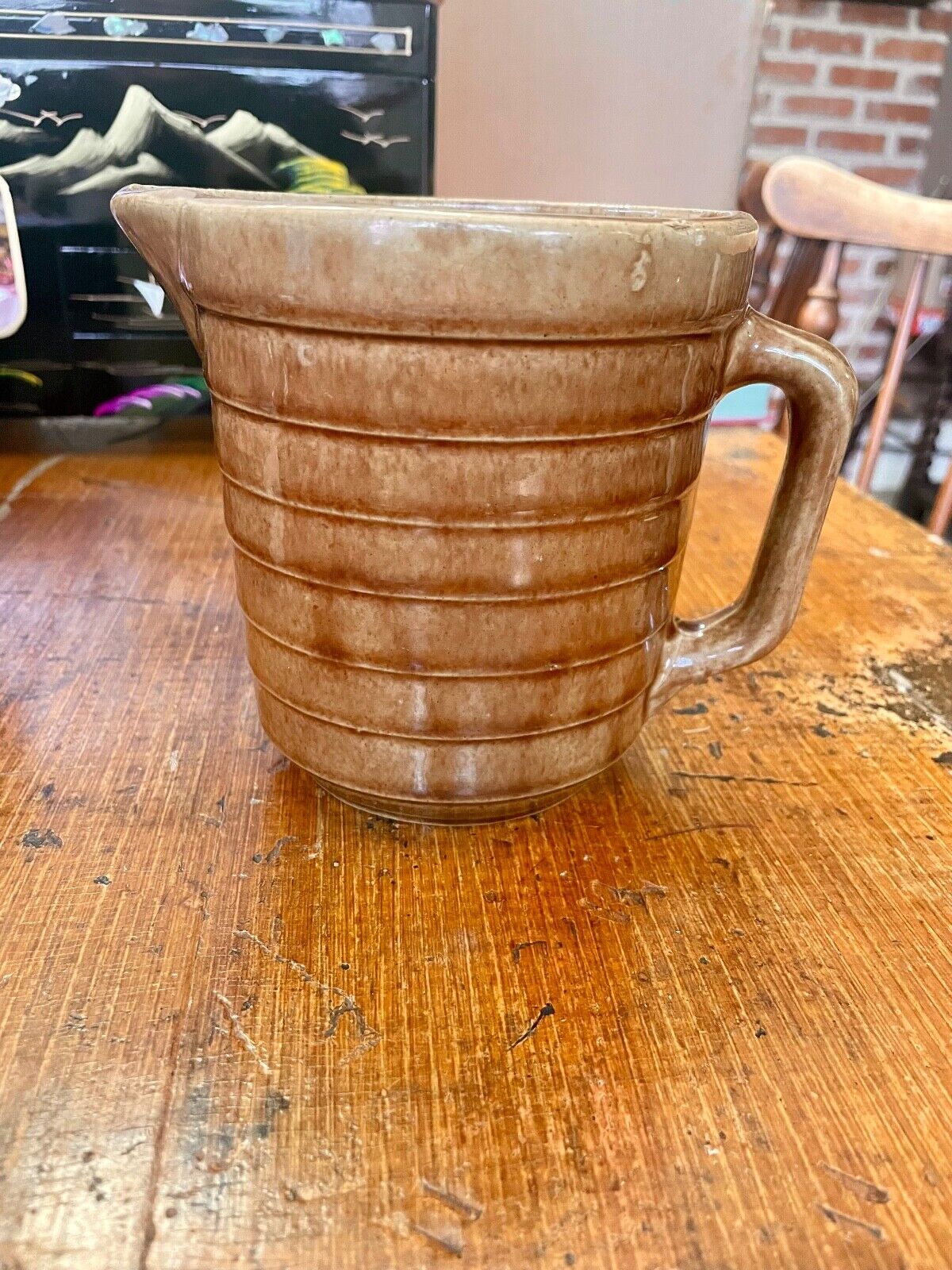 Vintage Pottery Brown Glaze Ribbed Water Milk Batter Pitcher USA