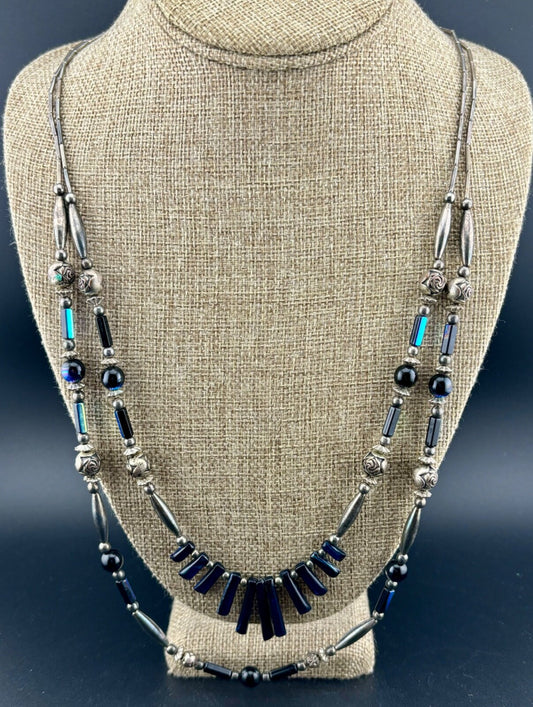 Vintage Blue Shell and Silver-Plated Beaded Necklace NK