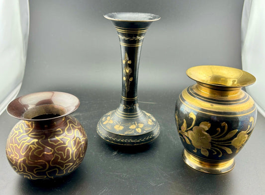 Vintage Small Enameled Brass Vases India(3)
