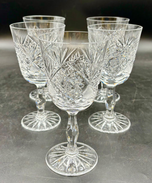 5 wine glasses American Brilliant Period Cut Glass Crystal Libbey goblet