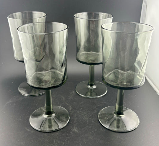 Set Of 4 Vintage Libbey Gray Optic Swirl Smoke Water Goblets Wine 6.5" Glasses