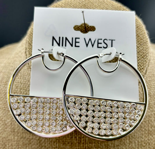 NWT Nine West Silver-Tone Rhinestone Panel Hoop Earrings