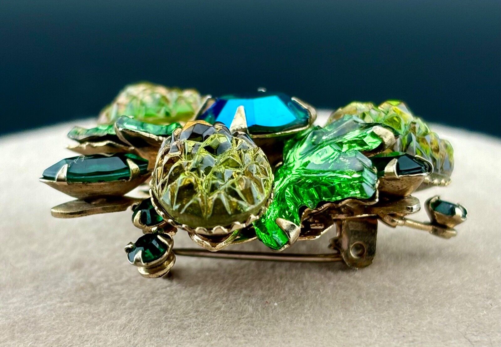 Vintage Blue/Green Fruit Salad Rhinestone Brooch NK