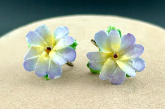 Vintage 1950's Painted Porcelain Floral Screw Back Earrings Made In England