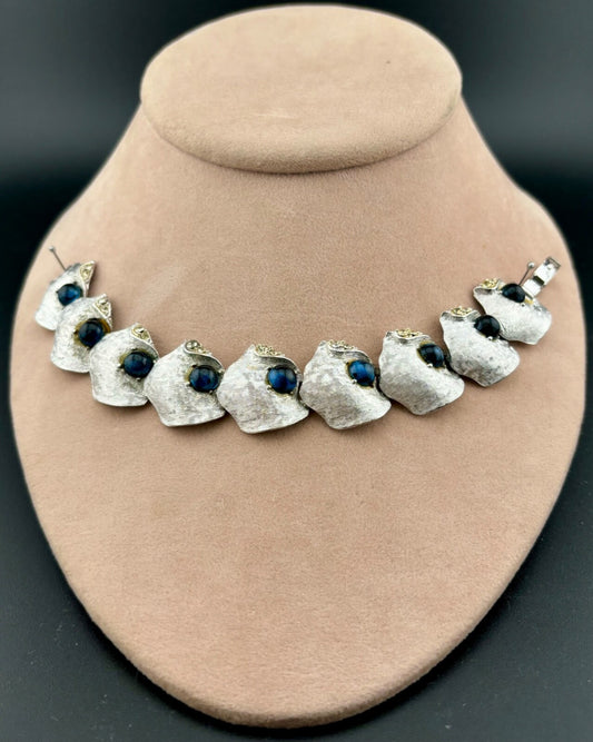 Vintage Silver-Tone Blue Cabochon and Clear Rhinestone Bracelet