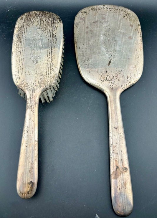 R.B. Co. Sterling Silver Art Deco Hairbrush and Mirror