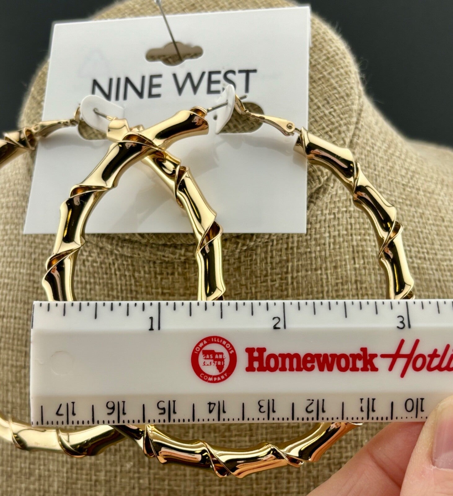 3" Gold-Tone Twisted Metal Nine West Hoop Earrings New