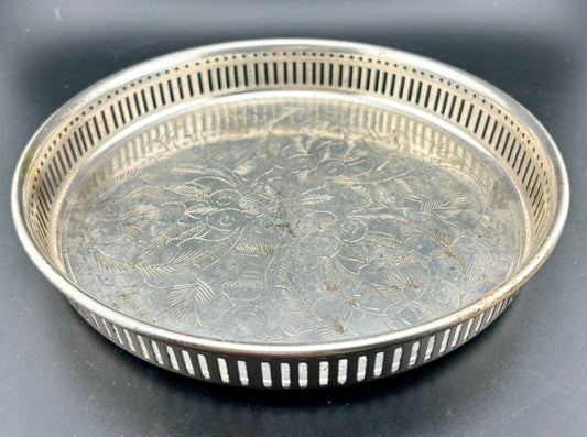 Vintage Estate Anglo-Indian Silver Plated Engraved Brass 8 1/4” Serving Tray