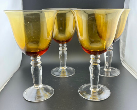 Amber and Clear Glass Handmade Goblets-Set of Four