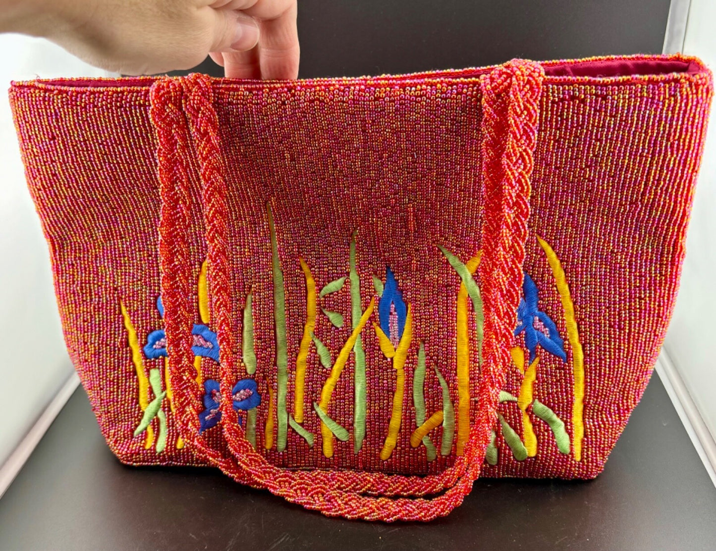 Large Beaded & Embroidered Iris  Handbag  Purse W Zipper Pocket Inside.
