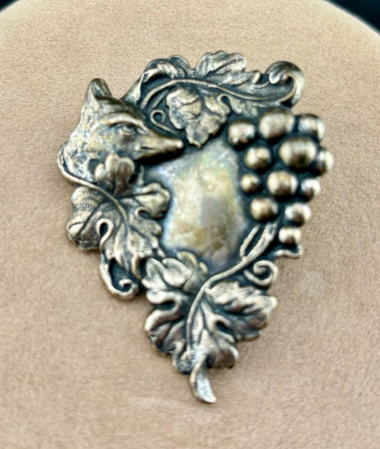 Vintage Repousse Fox In The Grapevine 2" Silver-Plated Brooch