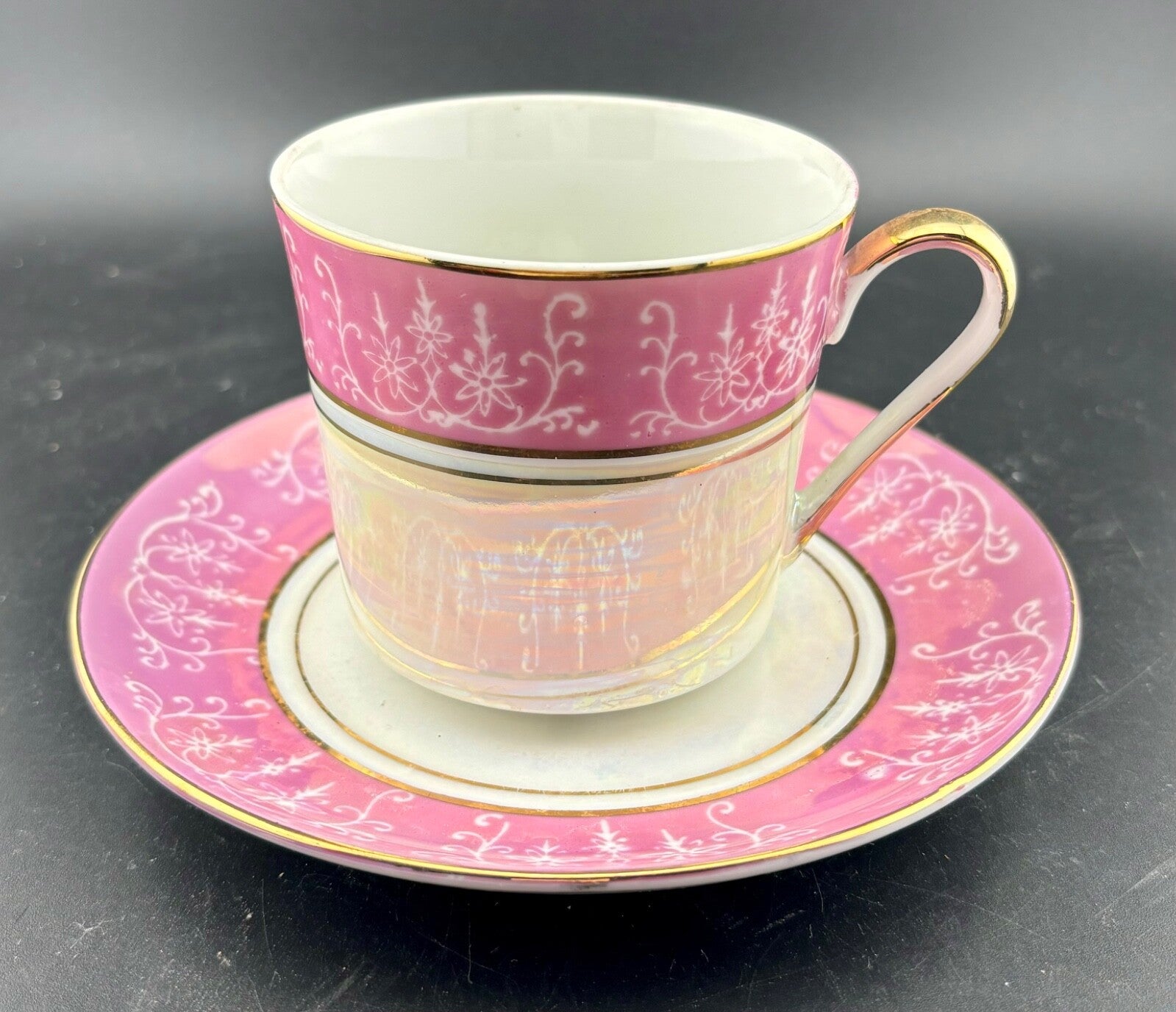 Vintage Tea Cup and Saucer Japanese Pink Luster with Gold Accent
