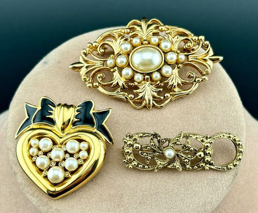 Three Vintage Gold-Tone and Faux Pearl Brooches NK