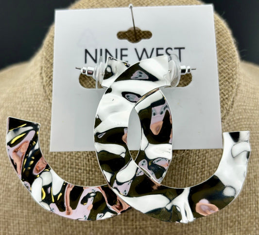 NWT Nine West Silver-Tone Rippled Metal Open Hoop Earrings
