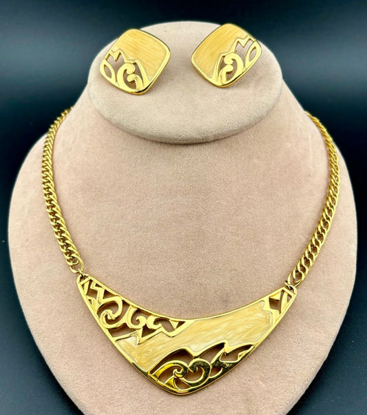 Vintage 1990's Enameled Gold-Tone Necklace/Earrings NK