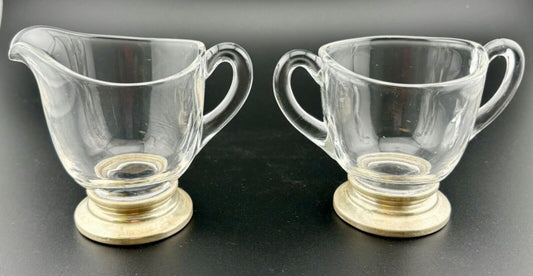 Vintage Small Sterling Silver Base Glass Open Sugar & Creamer