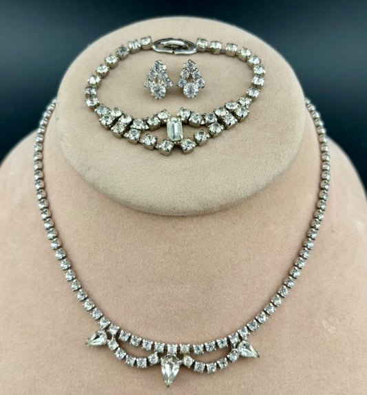 Vintage Clear Rhinestone Necklace/Bracelet/Earrings NK
