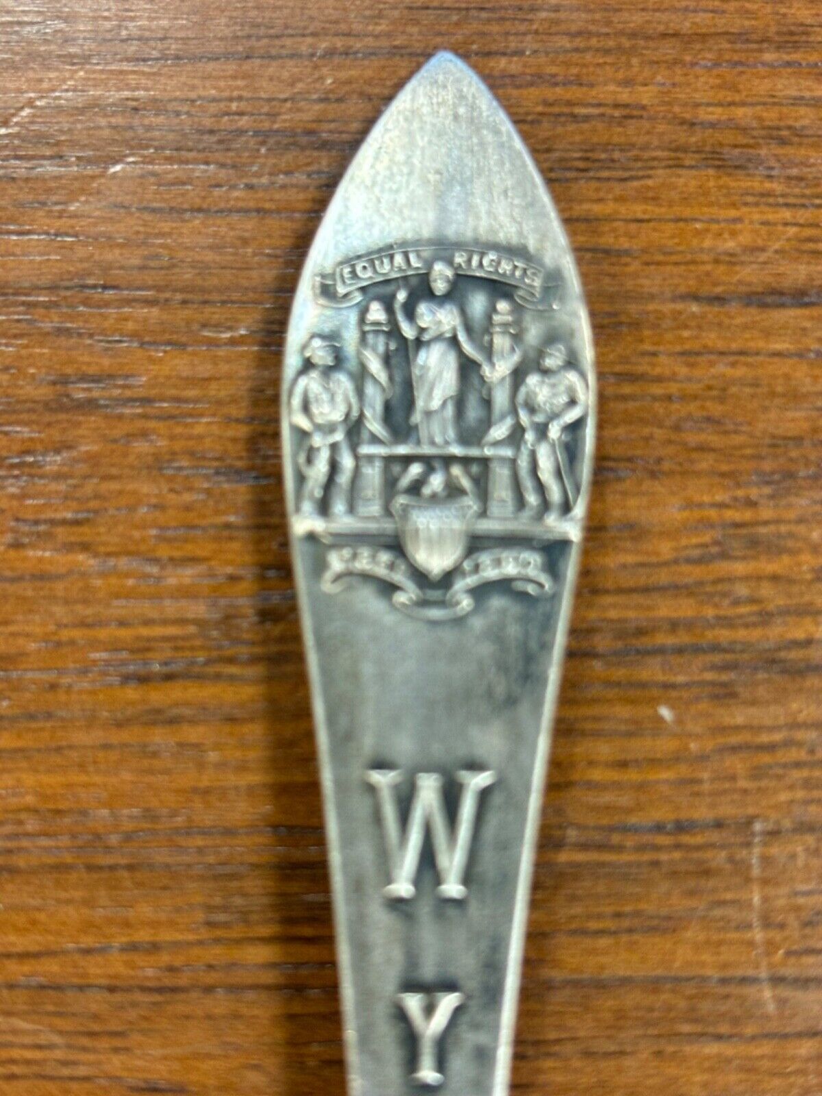 Antique Sterling Silver State Souvenir Spoon: Wyoming "Equal Rights" State Seal