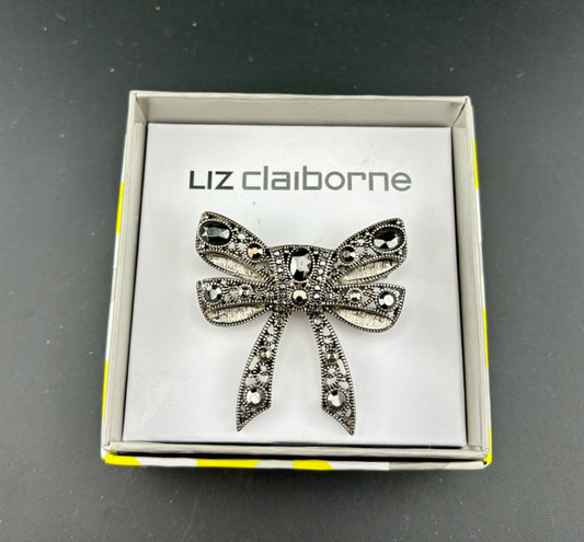 Vintage Liz Claiborne Brooch Silver-tone Bow Faux Marcasite