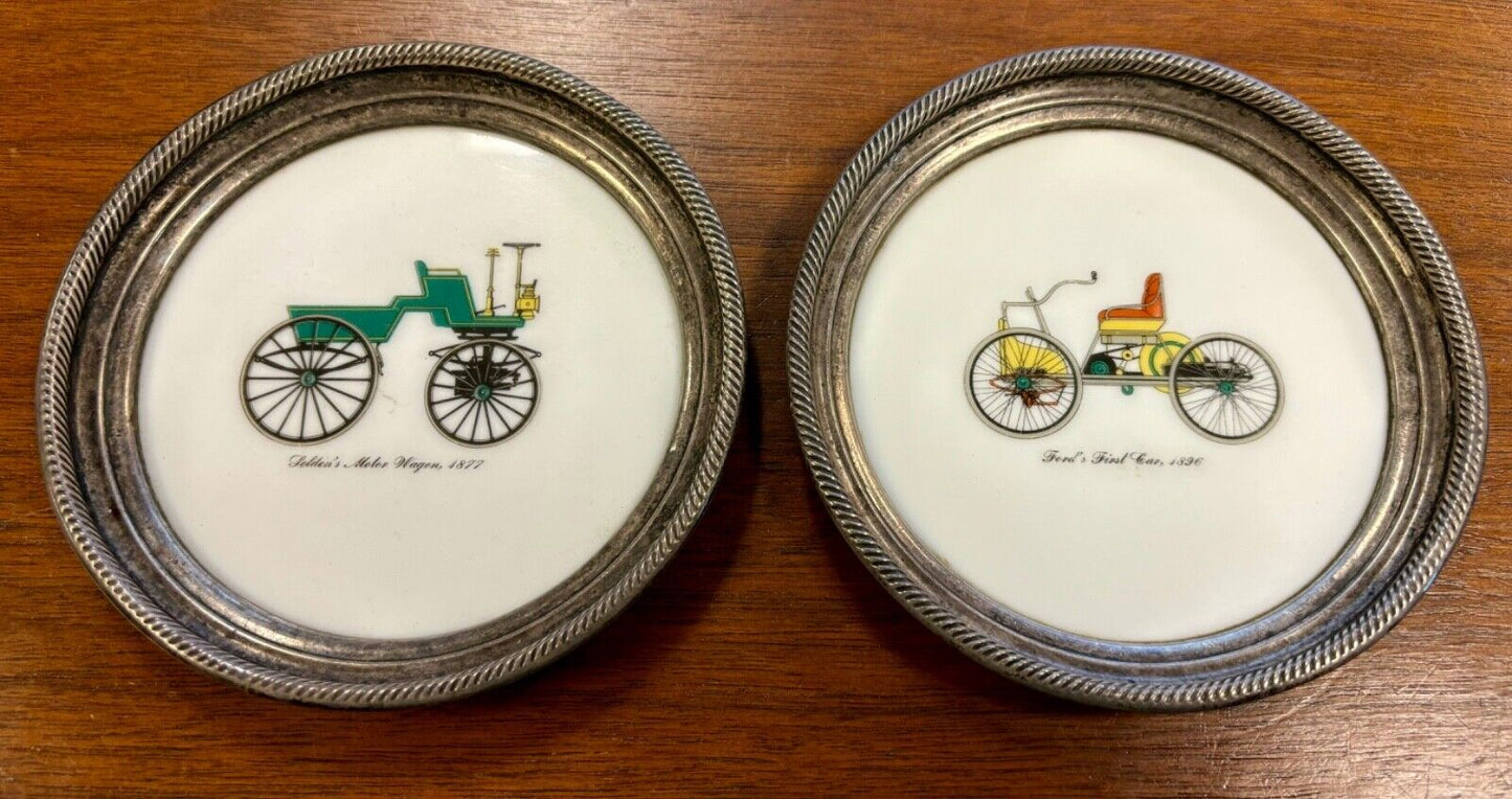 PAIR VINTAGE STERLING RIM PORCELAIN COASTERS, OLD AUTOMOBILE