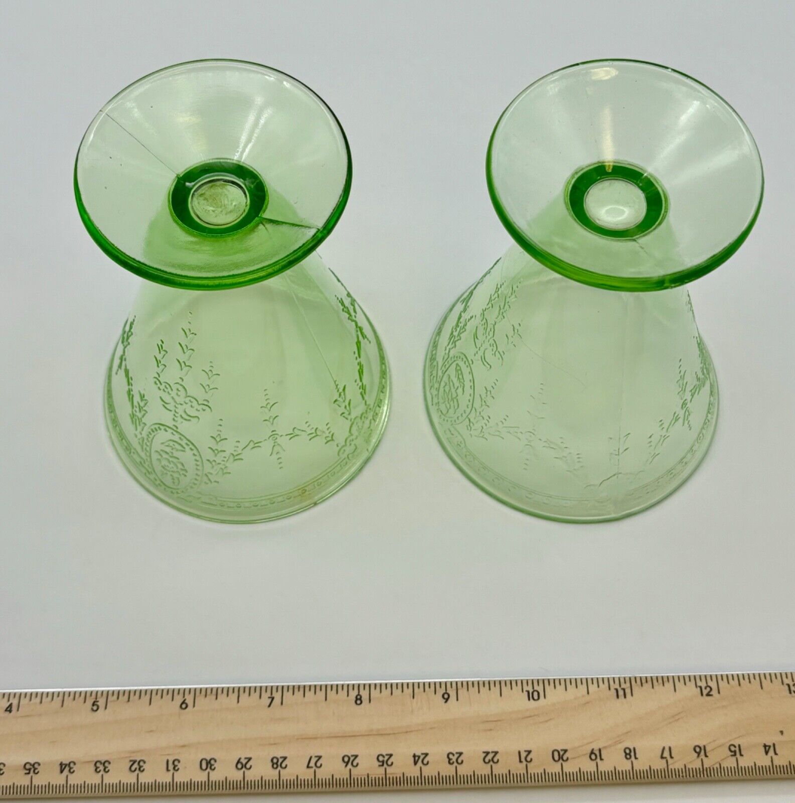 Vintage Pair Belmont Rose Green Depression Glass/Uranium Tumblers