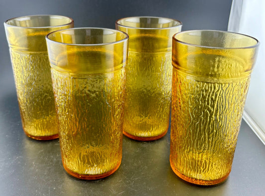 Vintage Kerr Tumblers Drinking Glasses(4) Amber Tree Bark 16oz