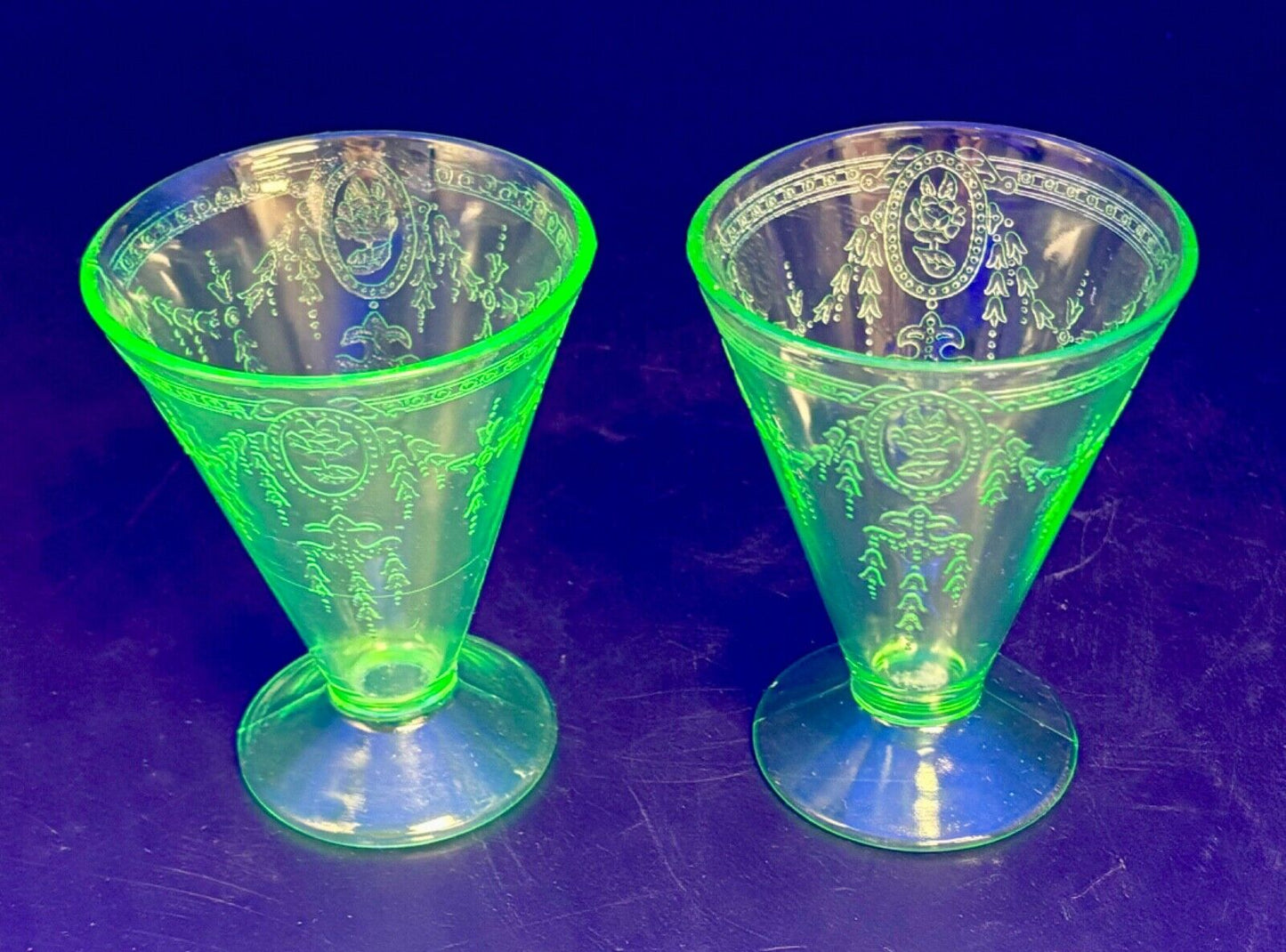 Vintage Pair Belmont Rose Green Depression Glass/Uranium Tumblers