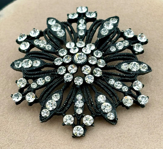 Vintage Black and Clear Rhinestone Brooch/Pendant NK
