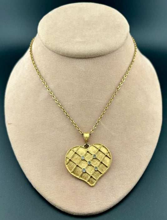 Vintage Gold-Tone Rhinestone Heart Pendant Necklace