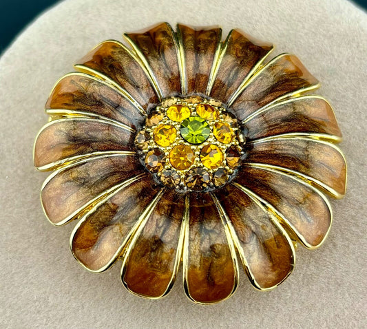 Vintage Enamel and Citrine Rhinestone Flower Brooch NK
