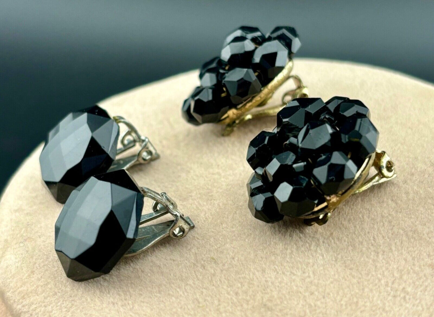 Two Pair Vintage Black Glass Clip-On Earrings NK