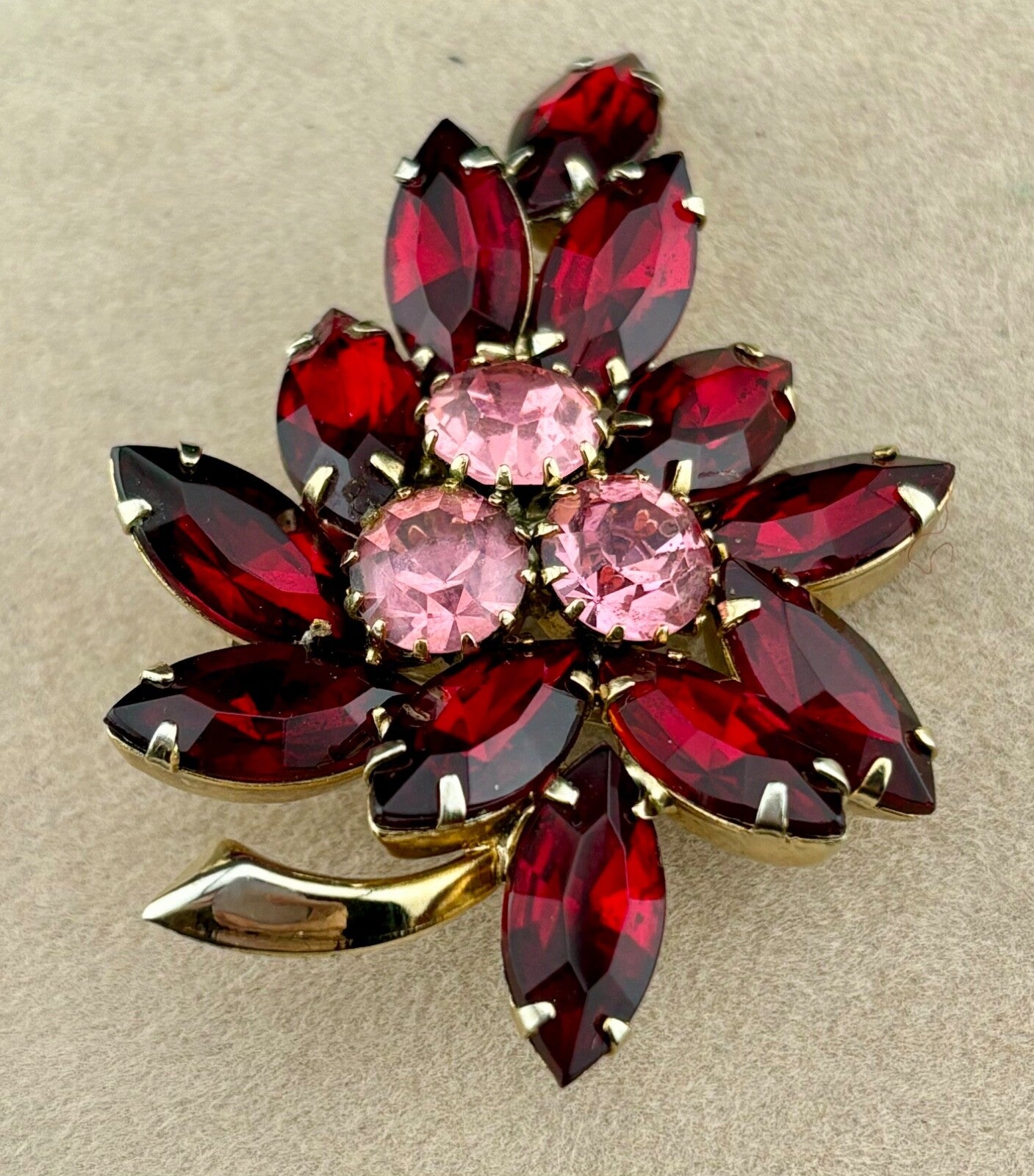 Vintage Pink/Red Rhinestone Brooch NK
