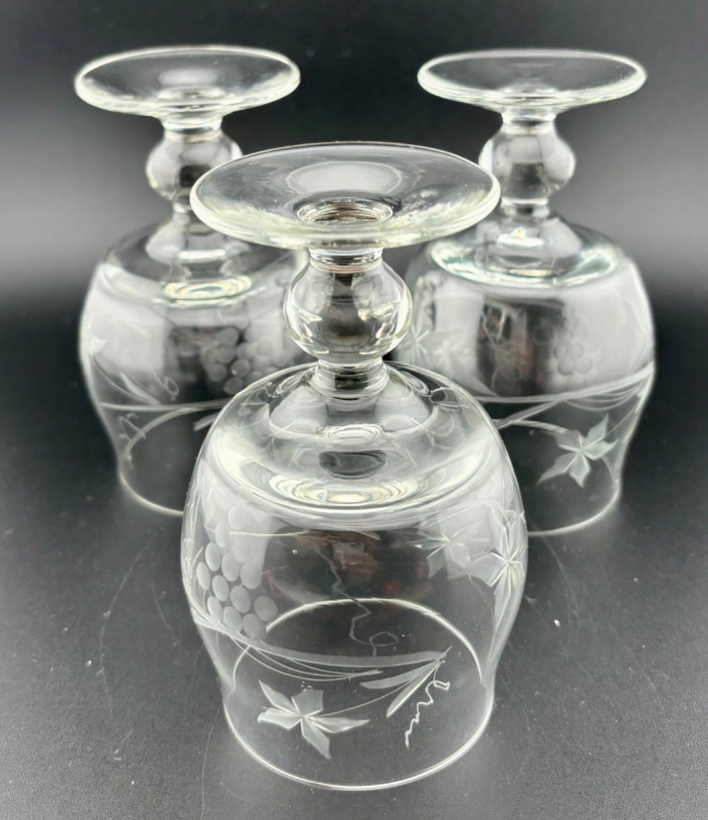 (3) VTG Crystal Brandy Cognac Snifter Glasses ~ Etched Grapes Vine. Stunning.
