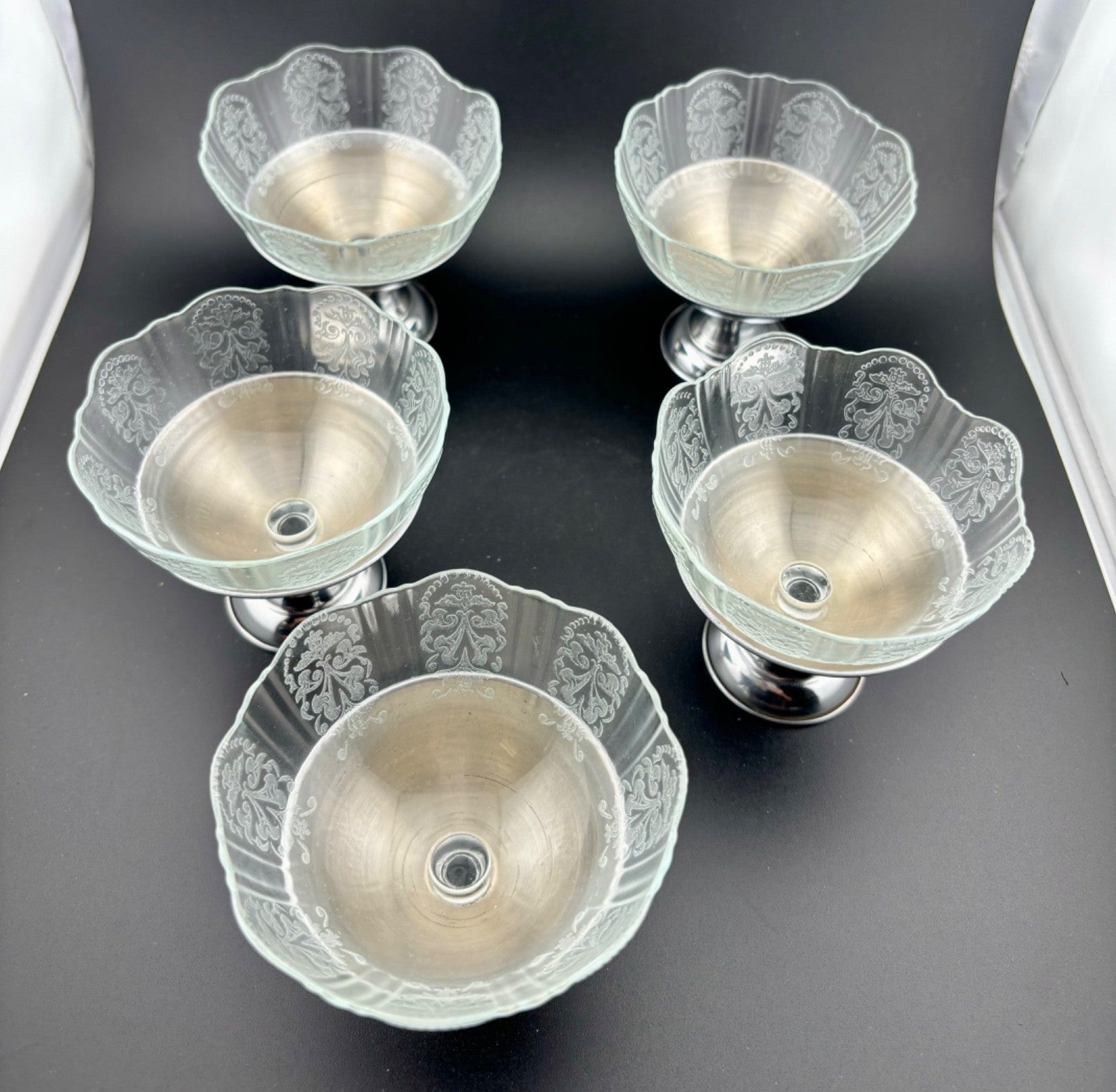 5 MacBeth-Evans American Sweetheart Sherbet or Ice Cream Cups w/ Metal Holders
