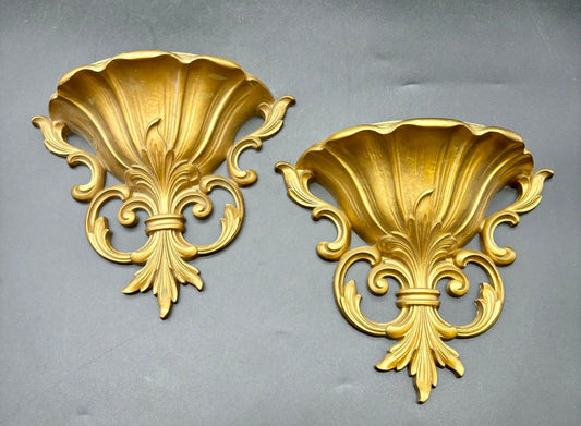 PAIR Vintage HOMCO Gold Fleur de Lis Wall Pockets Planter 4446 Hollywood Regency