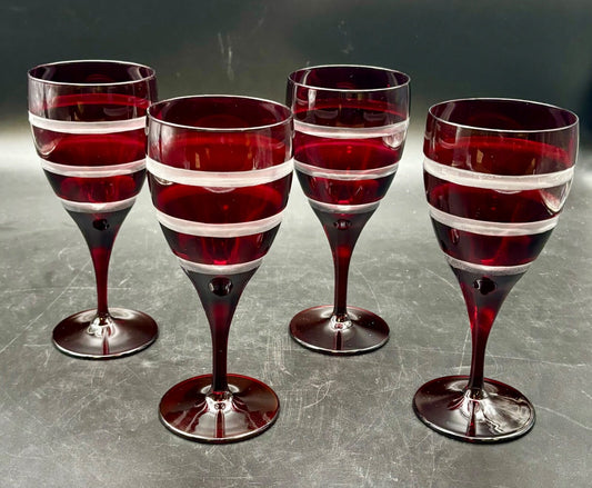 Red Flash Cut to Clear Banded Wine Glasses Set of 4