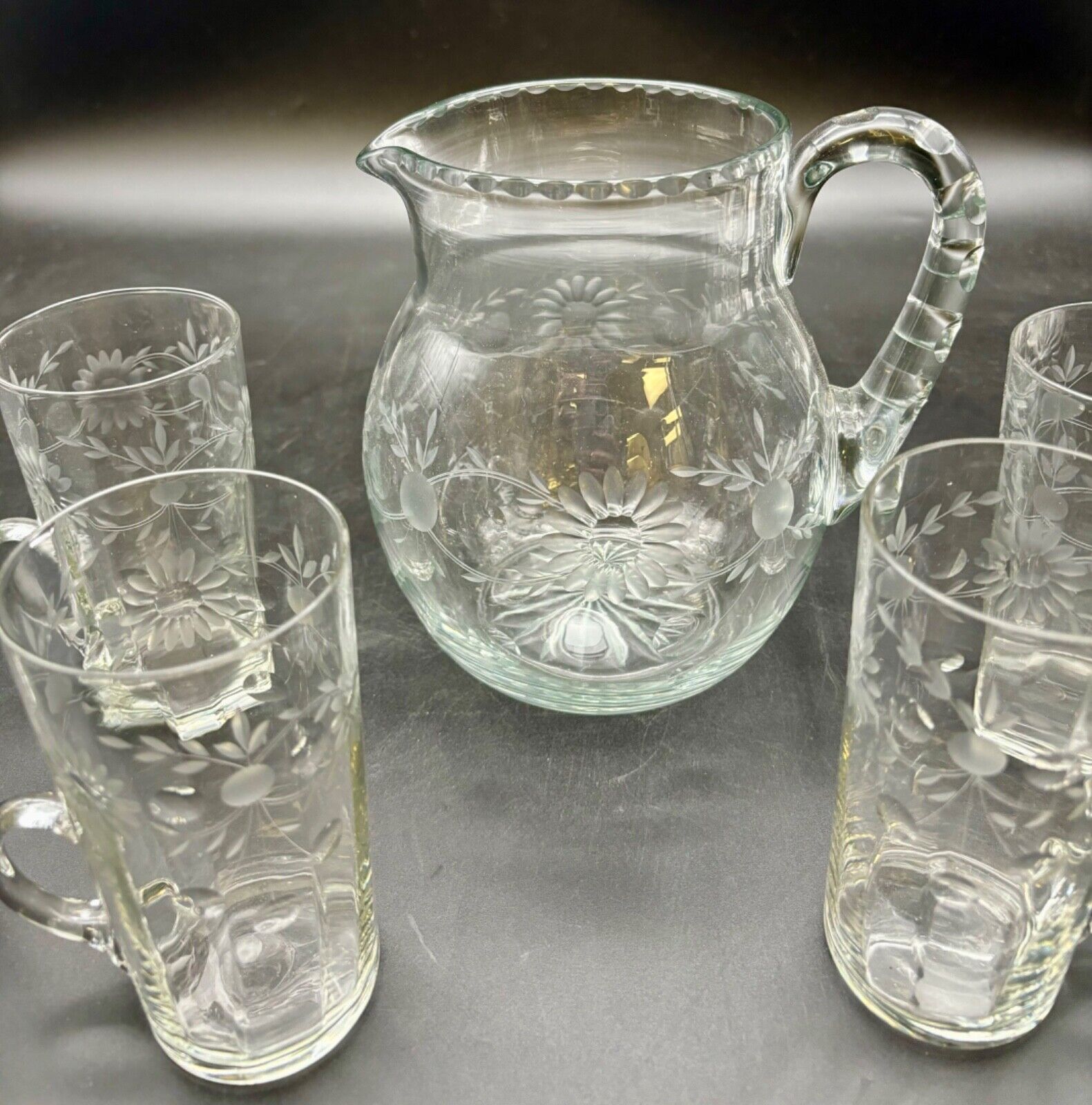 Antique Etched Clear Glass Pitcher and Glasses Set(6 pieces)