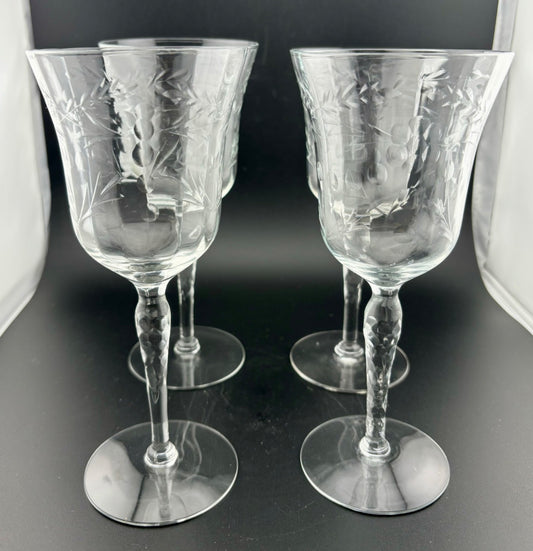 Vintage Etched Glass Wine/Water Goblets Set of 4