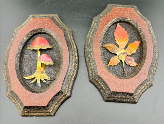 70's Copper And Wood Mushrooms And Leaf Plaques Set Of 2