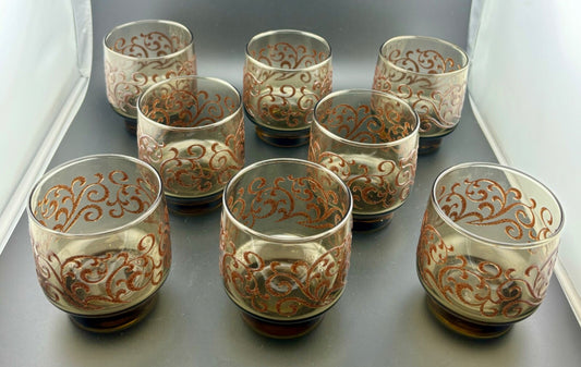VINTAGE Libbey Prado Bronze Glassware Embossed Scroll Swirl Old Fashioned - 8 PC