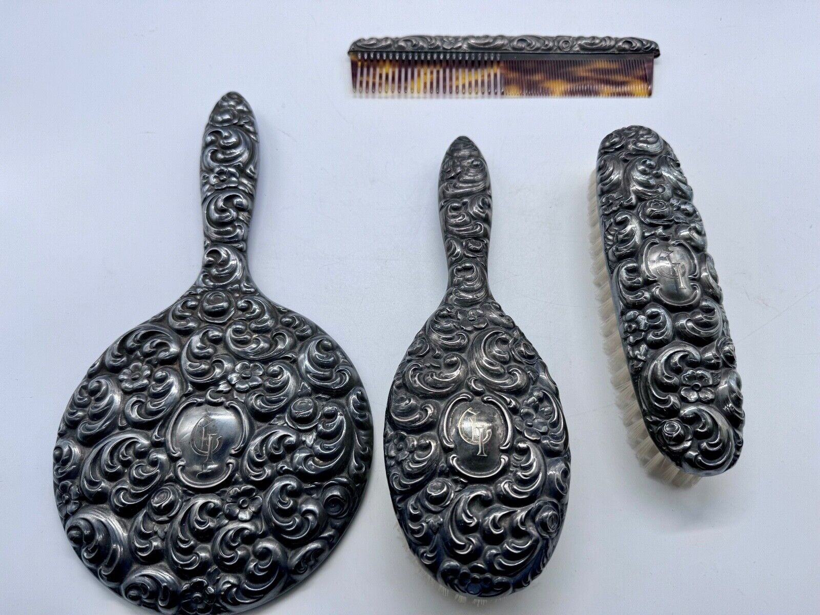 Spectacular 835 German Silver Engraved Antique Vanity Set Mirror 2 Brushes Comb