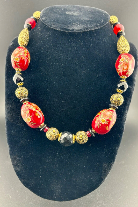 Vintage Red/Black/Gold-Tone Beaded Necklace