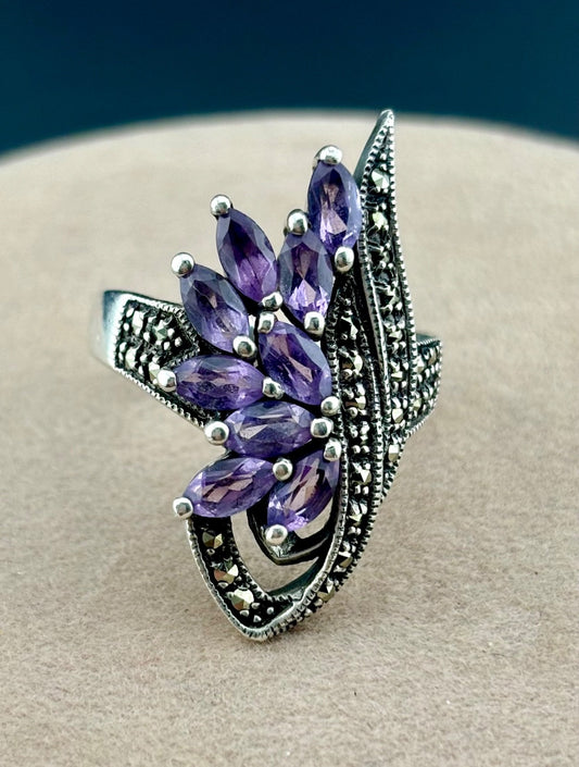 Vintage Sterling Silver Marcasite and Amethyst Ring Sz. 8.5 Statement Piece