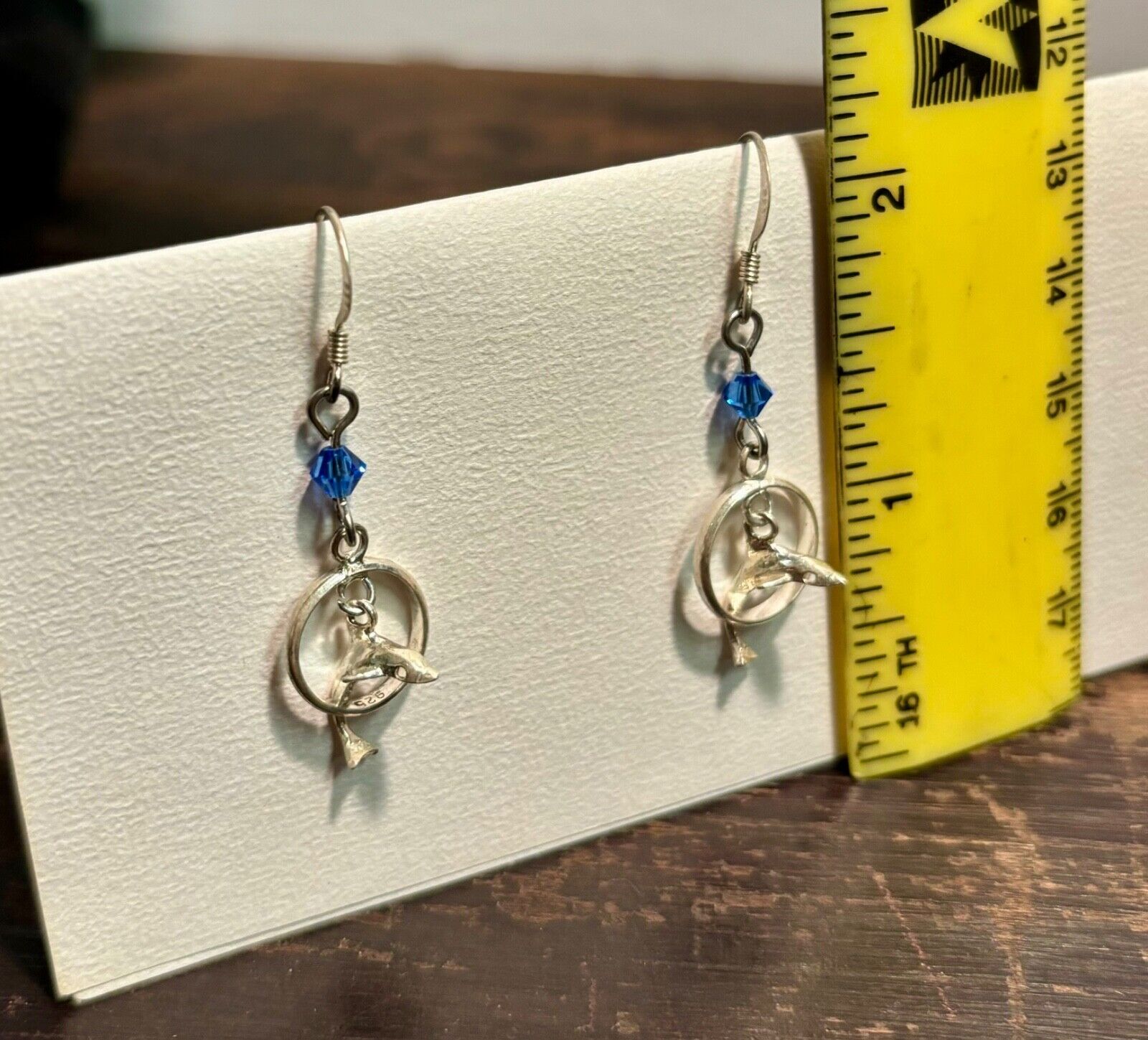 VINTAGE 1980s 3D DOLPHIN-IN-A-RING STERLING SILVER 925 DANGLE HOOK EARRINGS