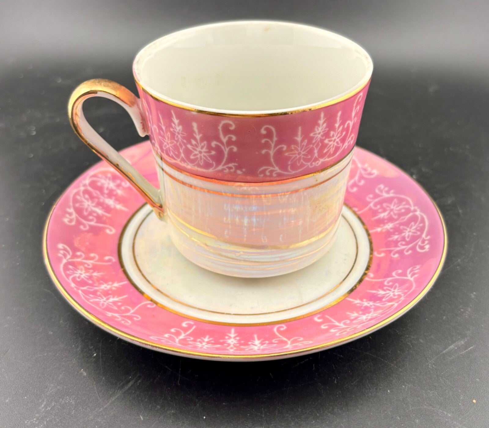 Vintage Tea Cup and Saucer Japanese Pink Luster with Gold Accent