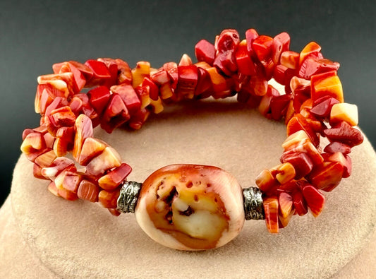 Vintage Red Coral Chip Stretch Multi-Strand Bracelet NK