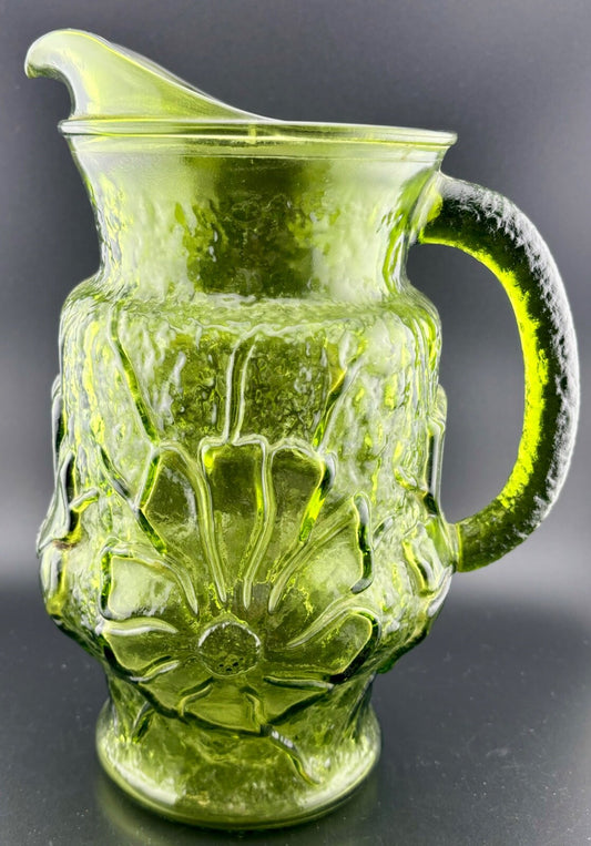 Anchor Hocking Daisy Green Avocado Glass Pitcher Vintage Retro Flowers Pattern