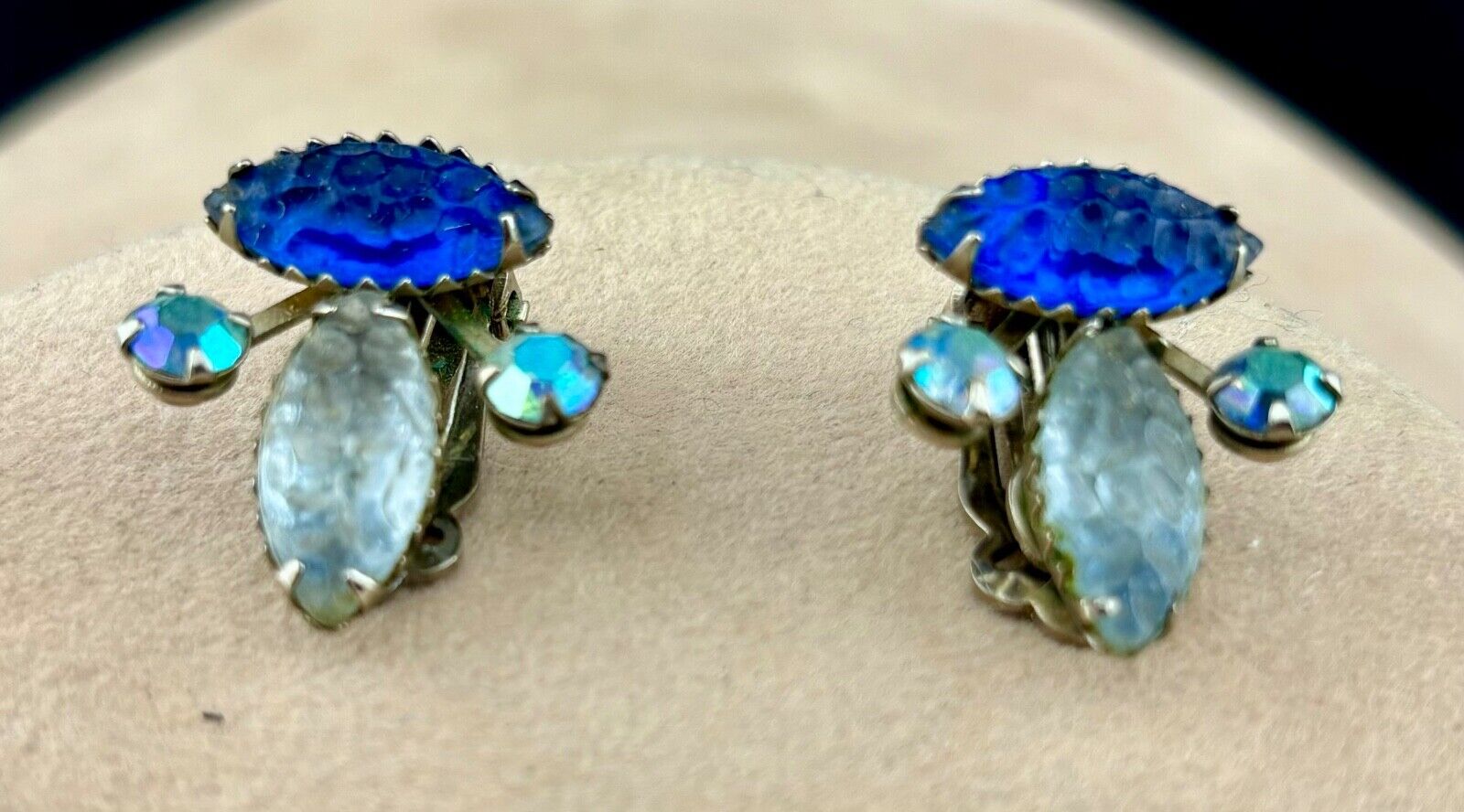 Vintage Fruit Salad Blue Tone Rhinestone Clip-On Earrings NK