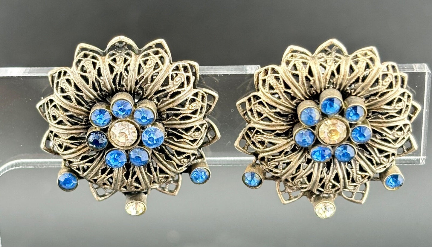 Vintage Silver-Tone and Blue/Clear Rhinestone Cilp-On Earrings