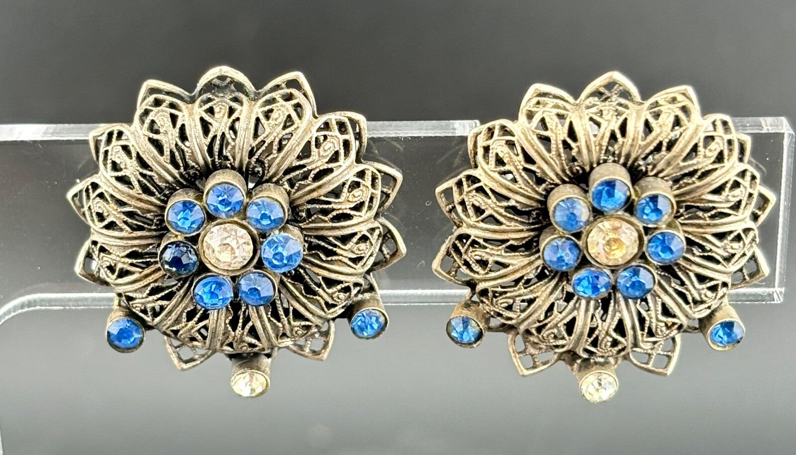 Vintage Silver-Tone and Blue/Clear Rhinestone Cilp-On Earrings